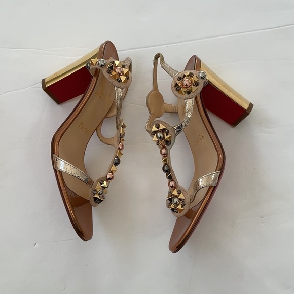 Christian Louboutin Gold Kaleitop leather 85mm T strap heels 37 - Picture 2 of 10